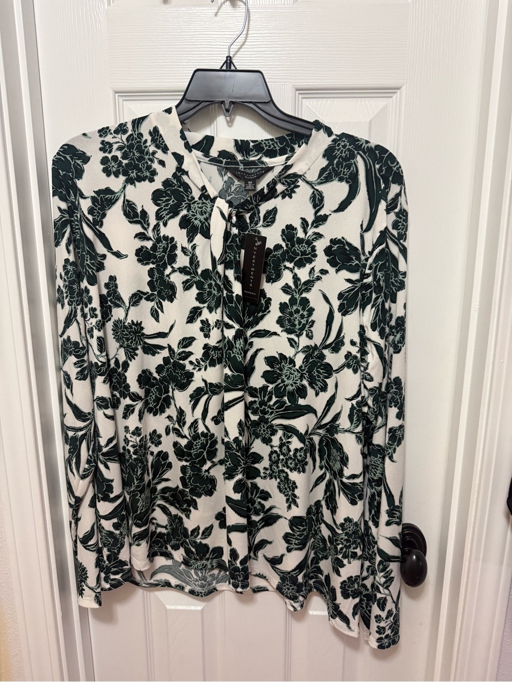Investments Floral Tie-Neck Blouse - Cream and Dark Green